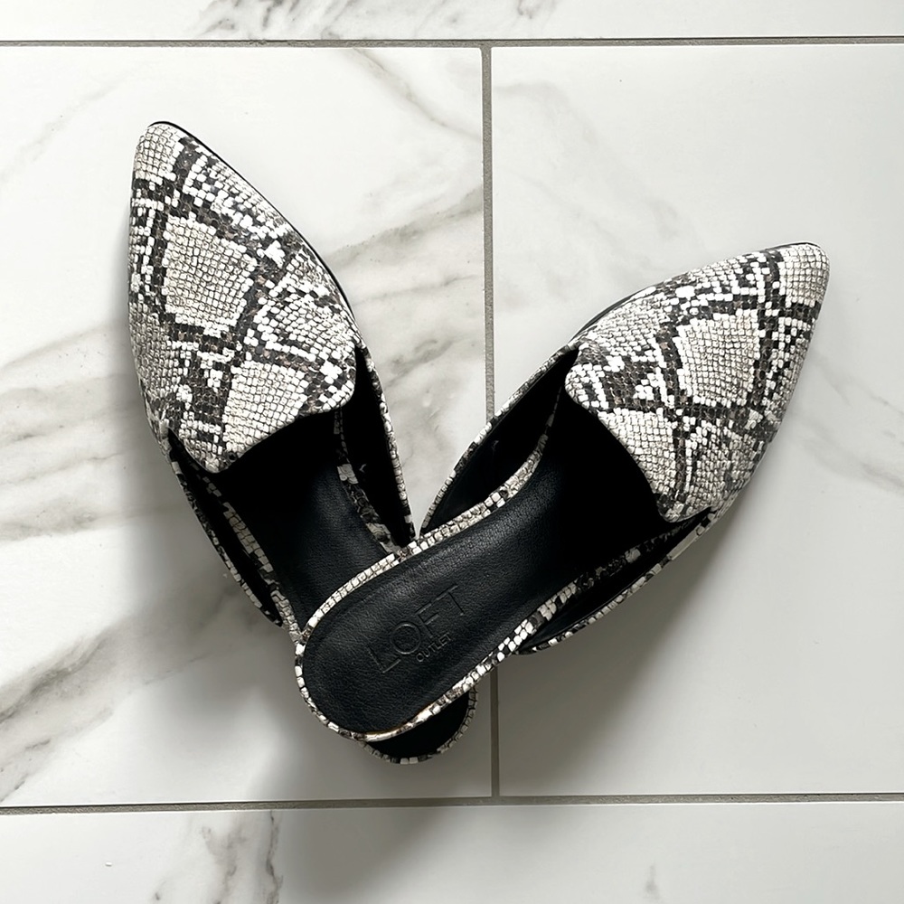 LOFT Black and White Snake Print Mules
